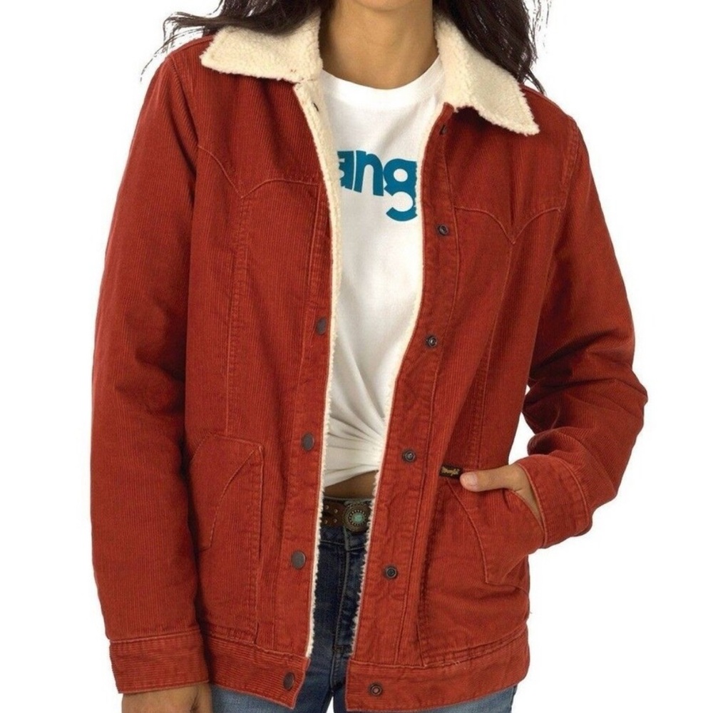 Wrangler Retro Rust Red Orange Corduroy Snap Jacket with Sherpa Lining - Medium